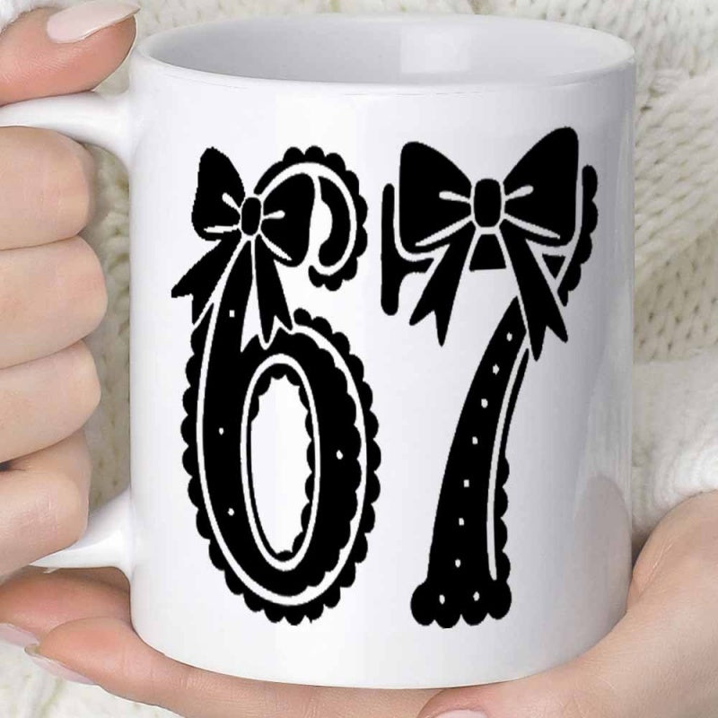 Tailorly White Ceramic 11 oz Mug - Elegant Black Bows With Intricate White Polka Dots And Lace Number