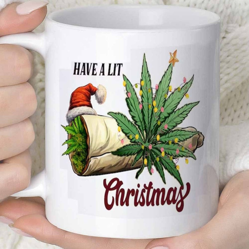 Tailorly White Ceramic 11 oz Mug - Have A Lit Christmas Green Cannabis Leaf Decorated With Festive Holiday Lights And Santa Hat Leaf