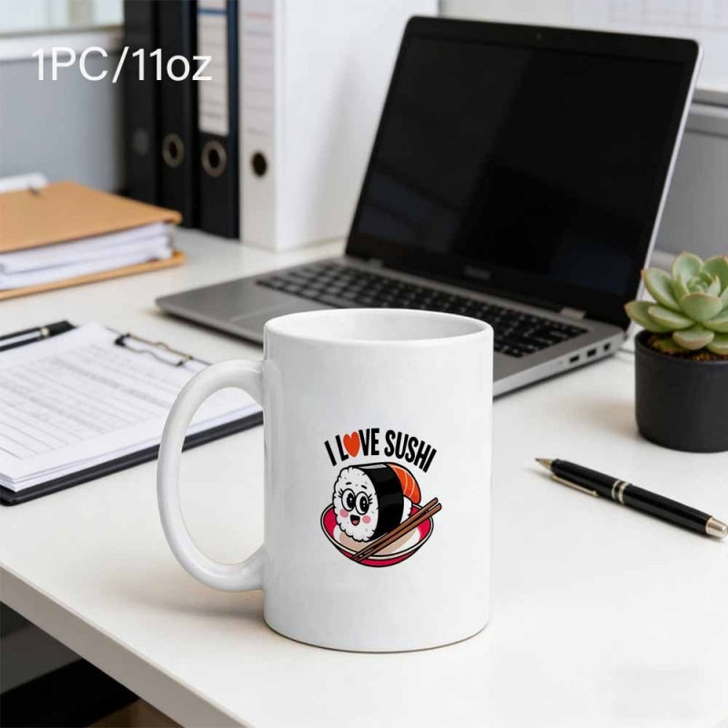 Tailorly White Ceramic 11 oz Mug - I Love Sushi Cute Cartoon Character With Heart And Wooden Chopsticks Sushi