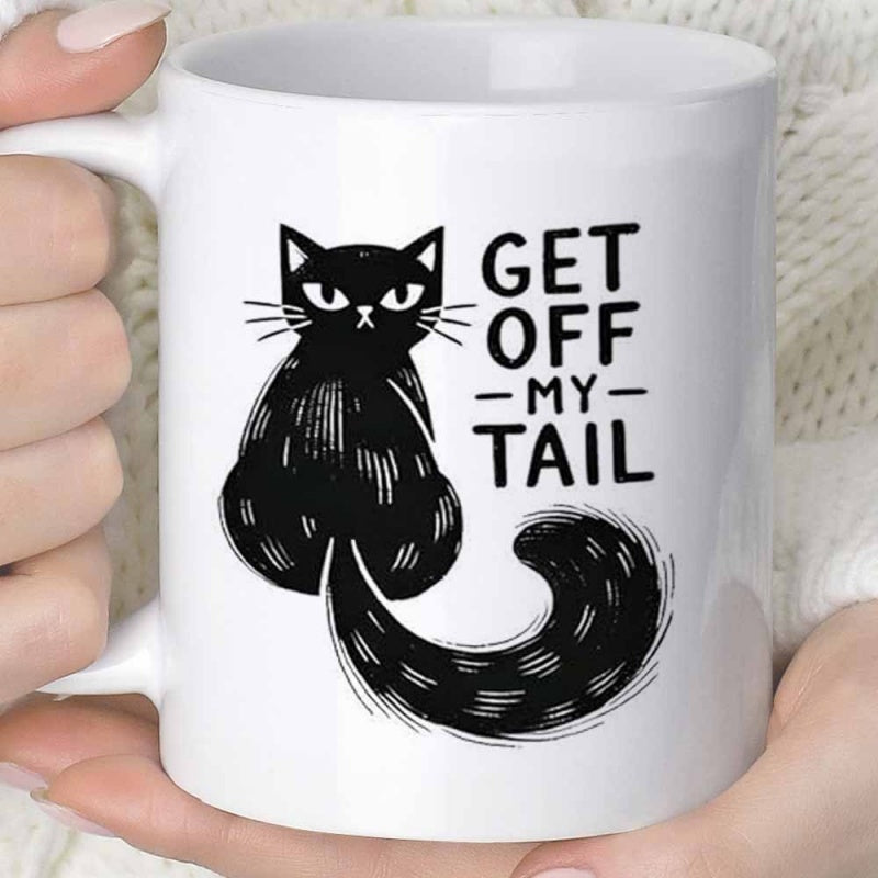 Tailorly White Ceramic 11 oz Mug - Get Off My Tail Stylized Black Feline Sitting With Grumpy Expression And Long Curled Cat