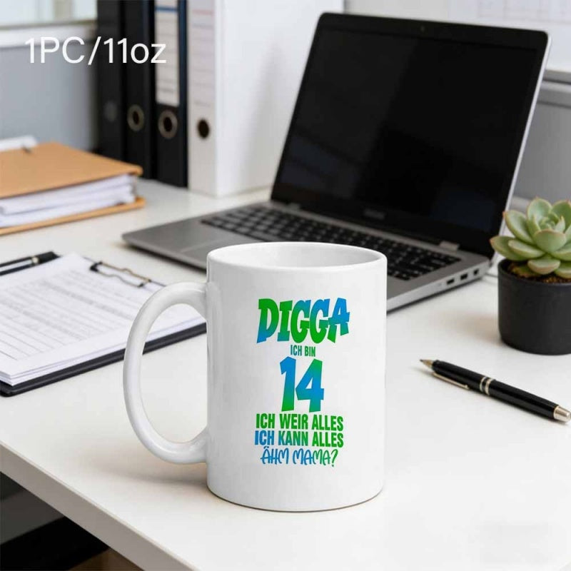 Tailorly White Ceramic 11 oz Mug - Vibrant Blue And Green Gradient Artistic Stylized Bold Modern Typography Number
