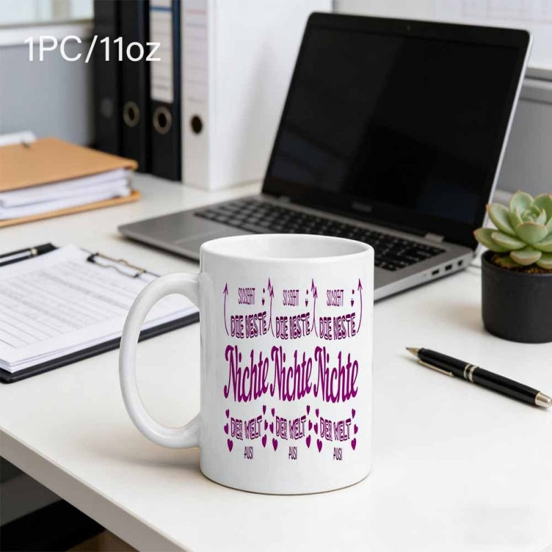 Tailorly White Ceramic 11 oz Mug - Elegant Repeating Typography With Small Hearts And Decorative Top Arrows Pattern