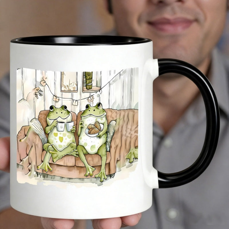 Tailorly Black Accent 11 oz Mug - cute cartoon frogs on sofa