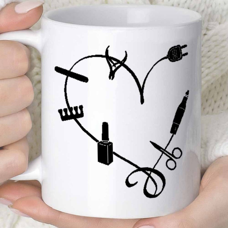 Tailorly White Ceramic 11 oz Mug - Minimalist Black Ink Silhouette Forming Heart Shape With Cosmetology Tools Heart