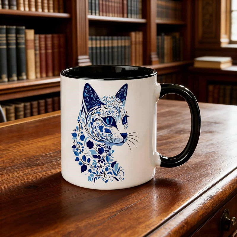 Tailorly Black Accent 11 oz Mug - blue floral cat face paws