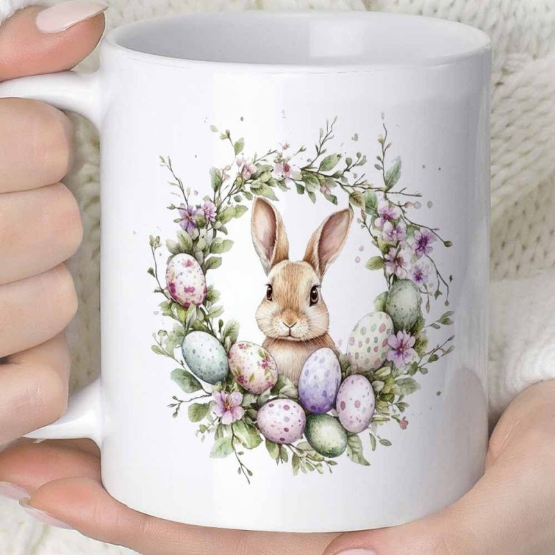 Tailorly White Ceramic 11 oz Mug - Watercolor Style Easter Wreath With Colorful Eggs And Spring Flowers Rabbit