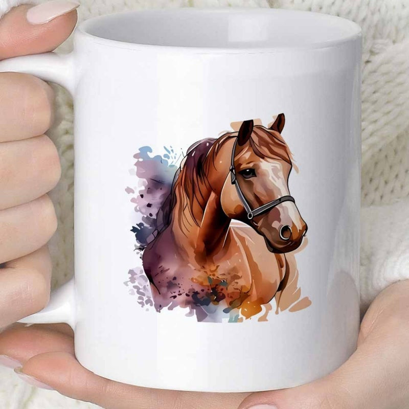 Tailorly White Ceramic 11 oz Mug - Artistic Watercolor Painting Of A Brown Majestic Stallion With Splashes Of Purple Horse