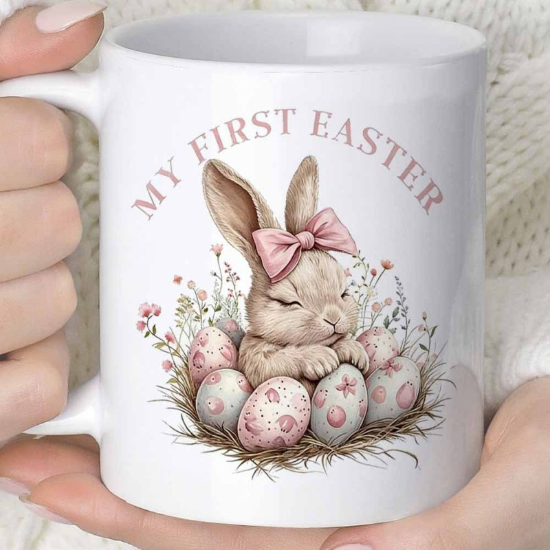Tailorly White Ceramic 11 oz Mug - My First Easter Adorable Little Bunny Wearing Soft Pink Bow In Decorative Nest Bunny