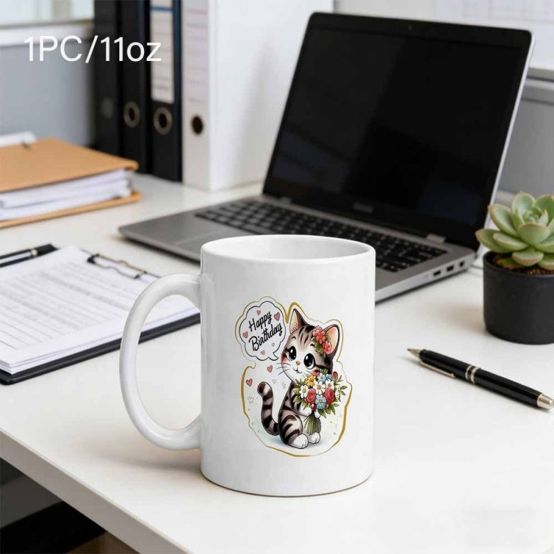 Tailorly White Ceramic 11 oz Mug - Happy Birthday Adorable Tiny Kitten Holding A Vibrant Spring Bouquet Of Flowers Cat
