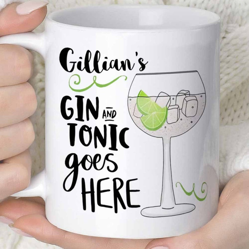 Tailorly White Ceramic 11 oz Mug - Gillians Gin And Tonic Goes Here Elegant Line Art Style Refreshing Summer Drink With Limes And Ice Gin Glass