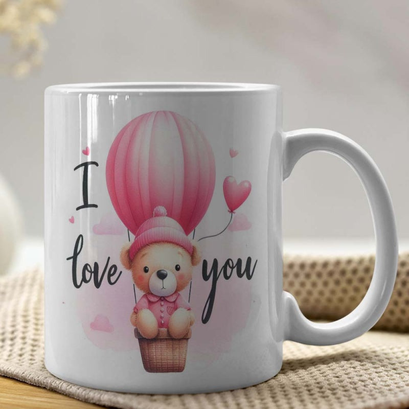 Tailorly White Ceramic 11 oz Mug - I Love You Adorable Teddy Bear Riding Pink Hot Air Balloon Among Soft Clouds Bear