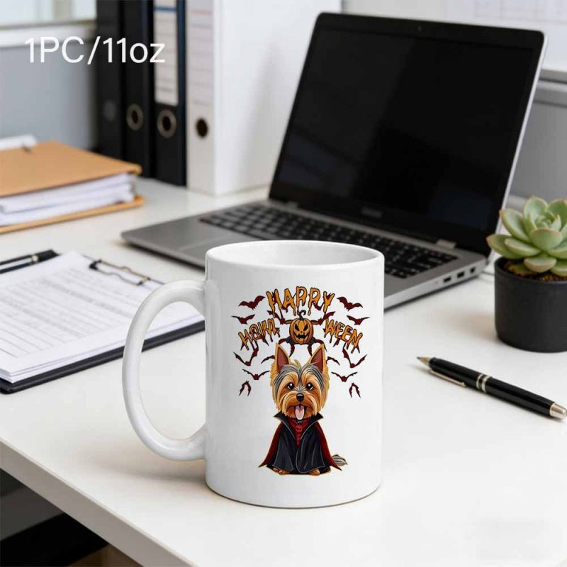 Tailorly White Ceramic 11 oz Mug - Happy Halloween Cute Yorkshire Terrier Dressed As Vampire With Spooky Bats And Pumpkin Dog