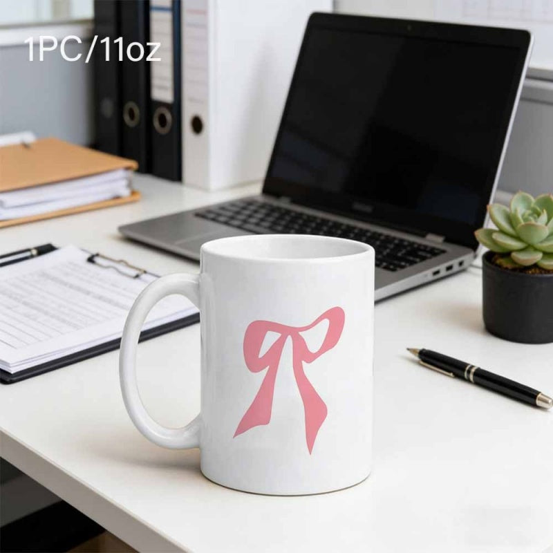 Tailorly White Ceramic 11 oz Mug - Graceful Pink Satin Silk Ribbon With Elegant Loops And Tails Ribbon