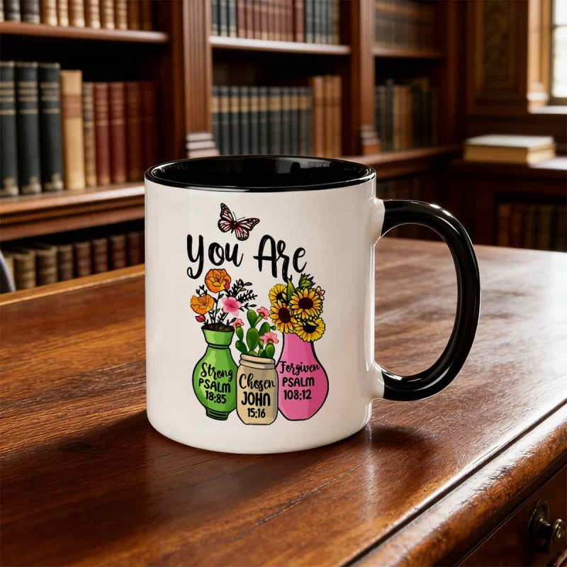 Tailorly Black Accent 11 oz Mug - religious and inspirational design with a christian bible verse and floral pattern