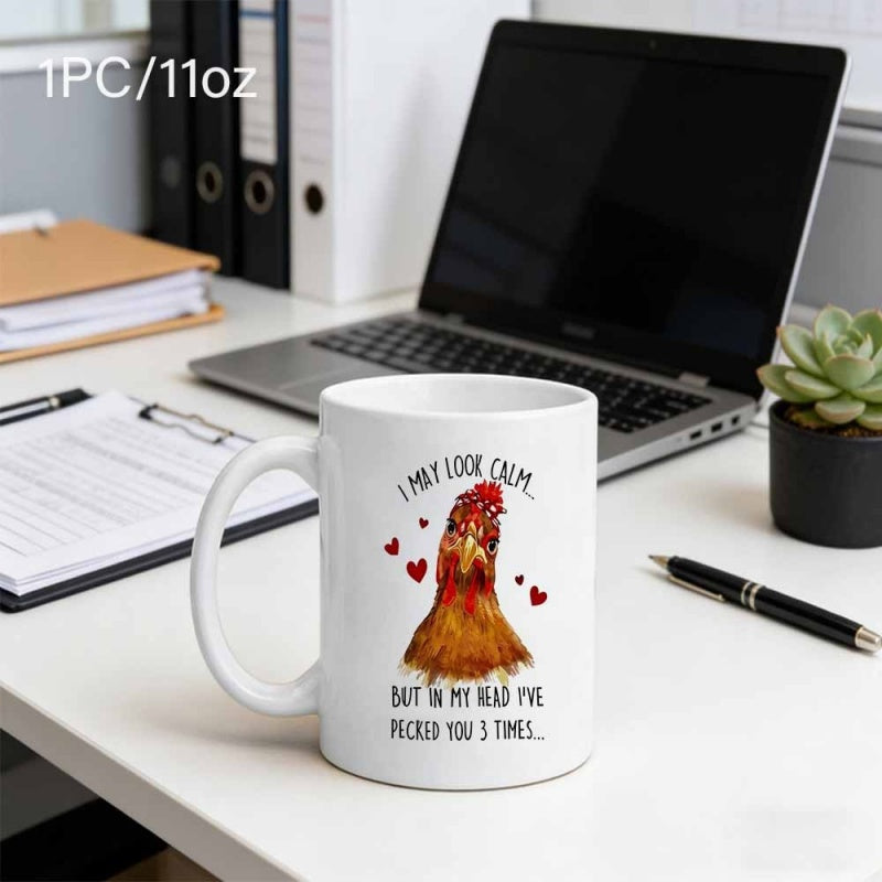 Tailorly White Ceramic 11 oz Mug - I May Look Calm But In My Head Ive Pecked You 3 Times Realistic Watercolor Illustration With Red Floating Hearts Chicken