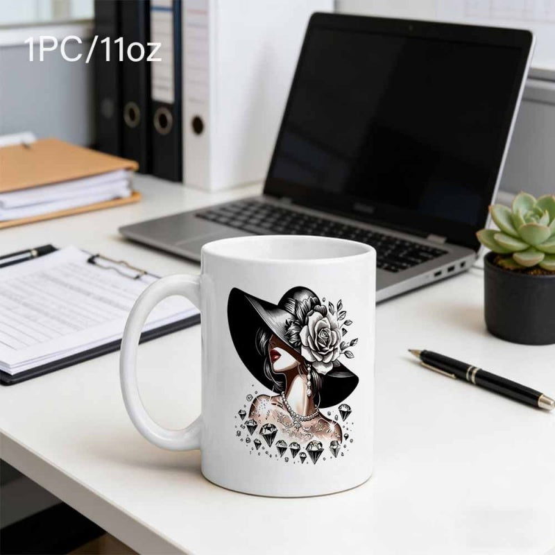 Tailorly White Ceramic 11 oz Mug - Elegant Fashionable Lady Wearing Wide Brim Floral Hat In Detailed Sketch Portrait Woman