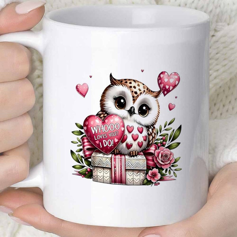 Tailorly White Ceramic 11 oz Mug - Whooo Loves You I Do Adorable Cartoon Character Holding Pink Hearts Atop A Floral Gift Box Owl