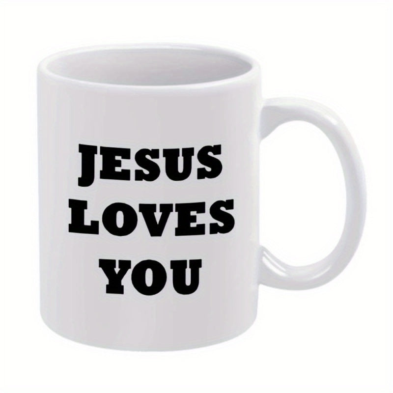 Tailorly White Ceramic 11 oz Mug - Jesus Loves You Inspirational Religious Message Printed In Bold Black Block Lettering Sign