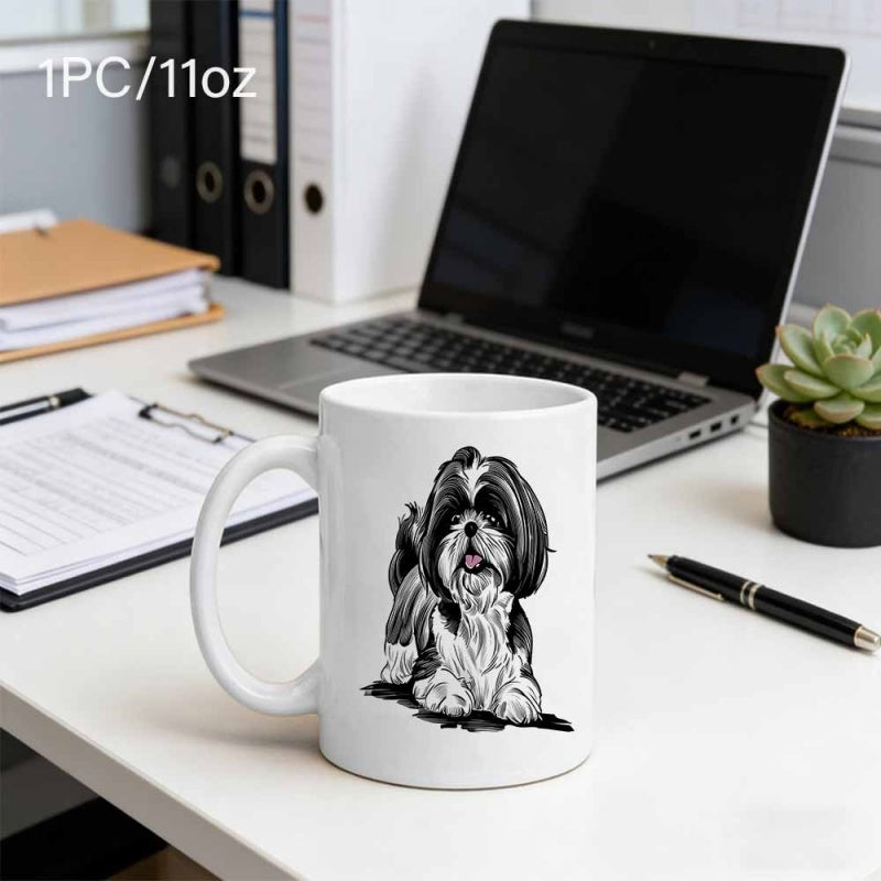 Tailorly White Ceramic 11 oz Mug - Hand Drawn Monochrome Sketch Of A Fluffy Sitting Long Haired Shih Tzu