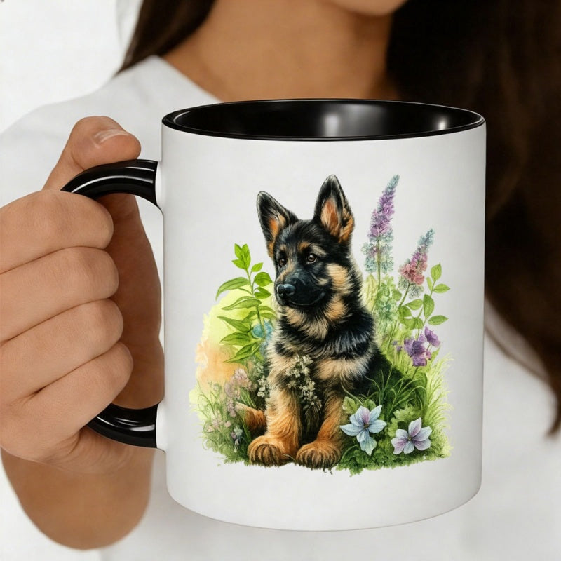 Tailorly Black Accent 11 oz Mug - german shepherd puppy with watercolor floral frame
