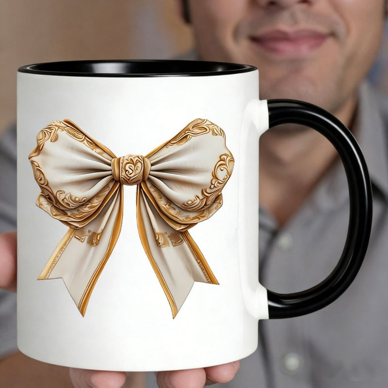 Tailorly Black Accent 11 oz Mug - cream golden ornate bow intricate golden design elegant luxurious
