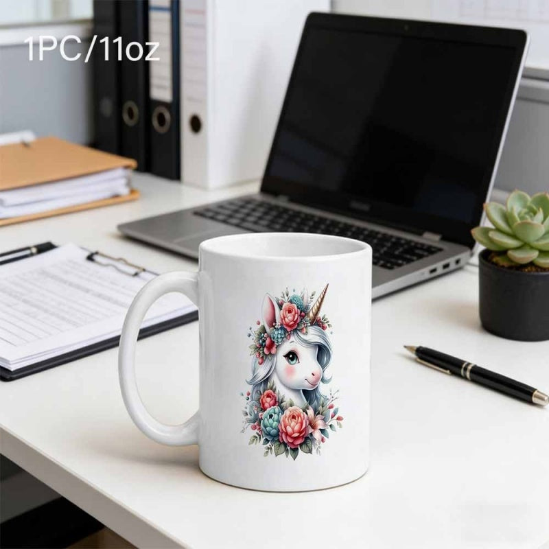 Tailorly White Ceramic 11 oz Mug - Sweet Mythical Creature Decorated With Soft Pastel Flowers And Greenery Unicorn
