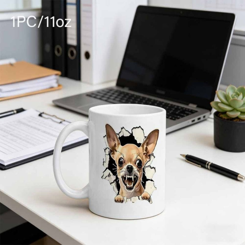 Tailorly White Ceramic 11 oz Mug - Funny Tiny Brown Angry Chihuahua Bursting Through Broken White Wall Chihuahua