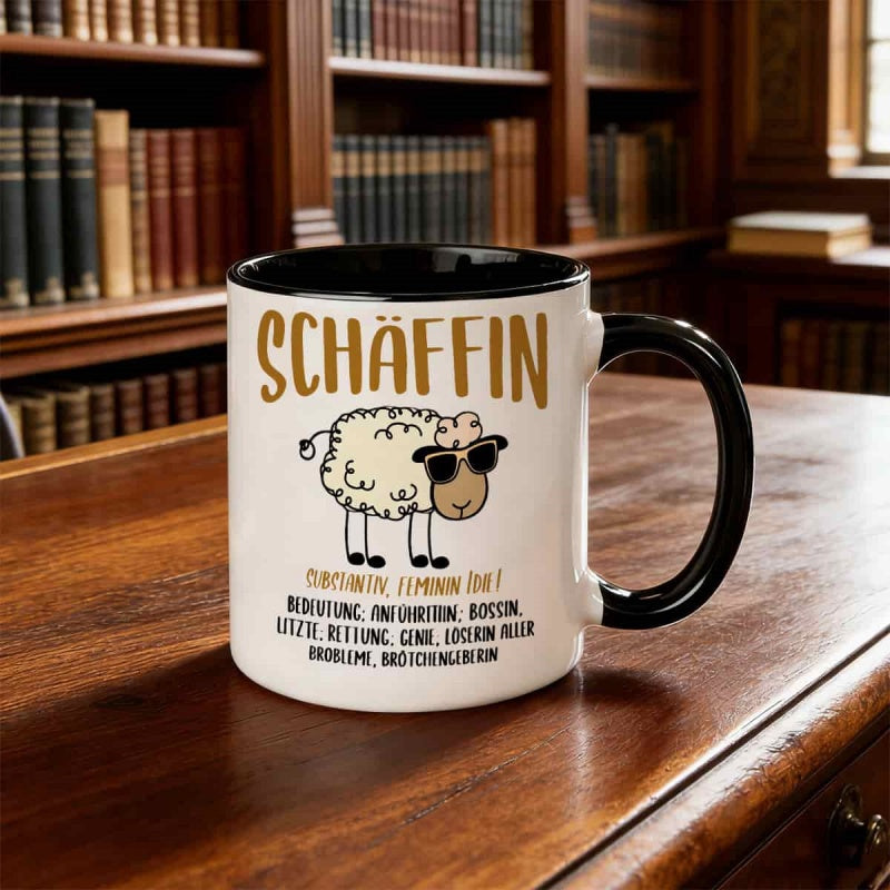 Tailorly Black Accent 11 oz Mug - schaffin sheep with stylish glasses and humorous german text