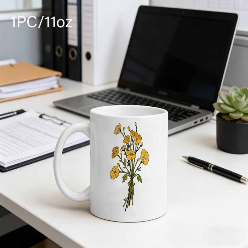 Tailorly White Ceramic 11 oz Mug - Vintage Hand Drawn Yellow Wildflower Bouquet With Delicate Stems And Leaves Flower