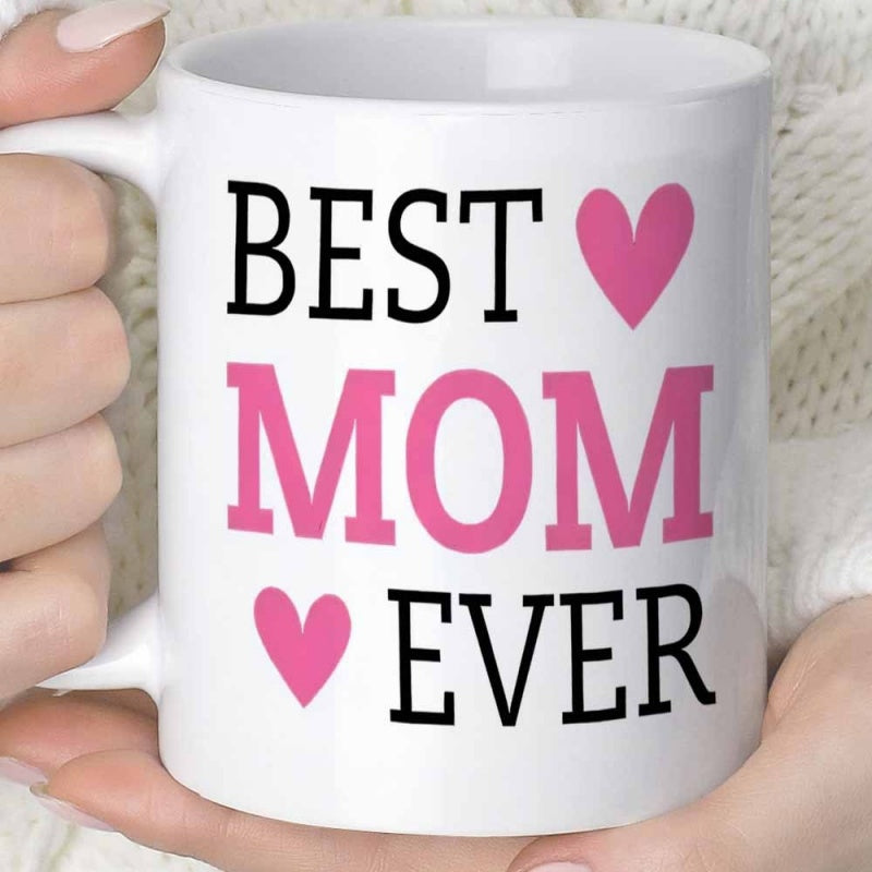 Tailorly White Ceramic 11 oz Mug - Best Mom Ever Two Pink Hearts Resting Beside Bold Serif Printed Text Heart