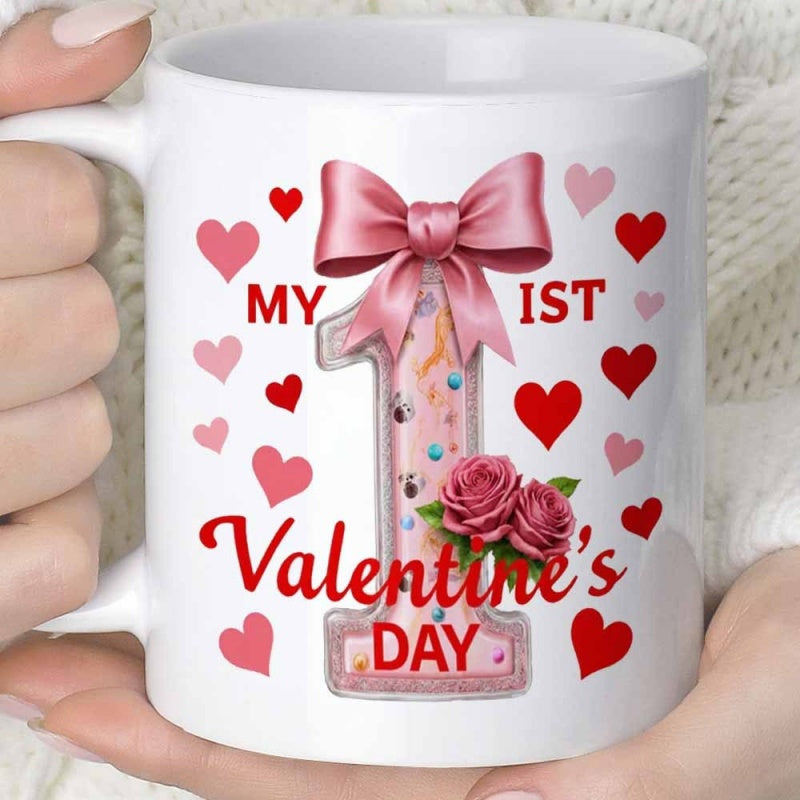 Tailorly White Ceramic 11 oz Mug - My 1st Valentine Day Pink Satin Bow Above Decorative Digit With Roses And Floating Hearts One