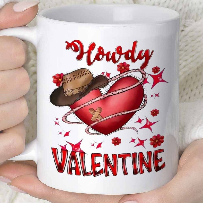 Tailorly White Ceramic 11 oz Mug - Howdy Valentine Rustic Western Style Hat Wrapped With Rope Around Red Heart