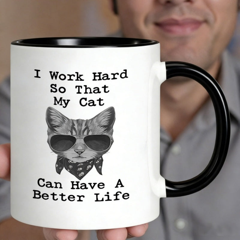 Tailorly Black Accent 11 oz Mug - lives with a wearing glasses and a bandana for cat enthusiasts