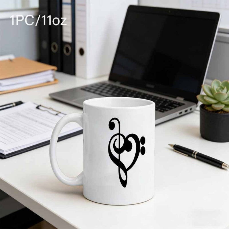Tailorly White Ceramic 11 oz Mug - Artistic Black Treble Clef And Bass Clef Formed Into A Symbolic Elegant Heart