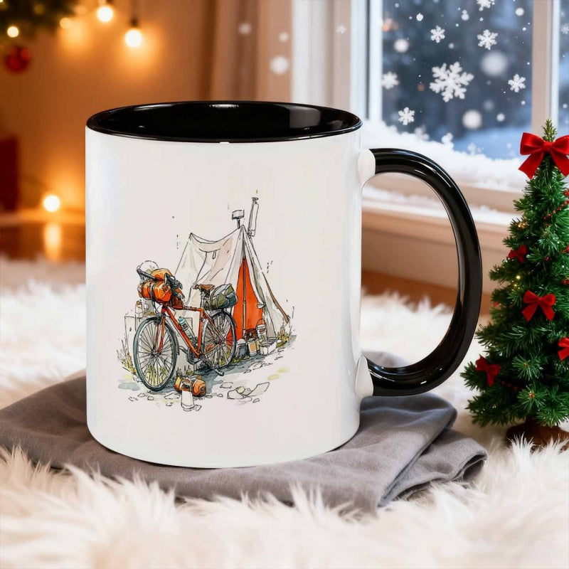 Tailorly Black Accent 11 oz Mug - camping scene with bicycle and tent