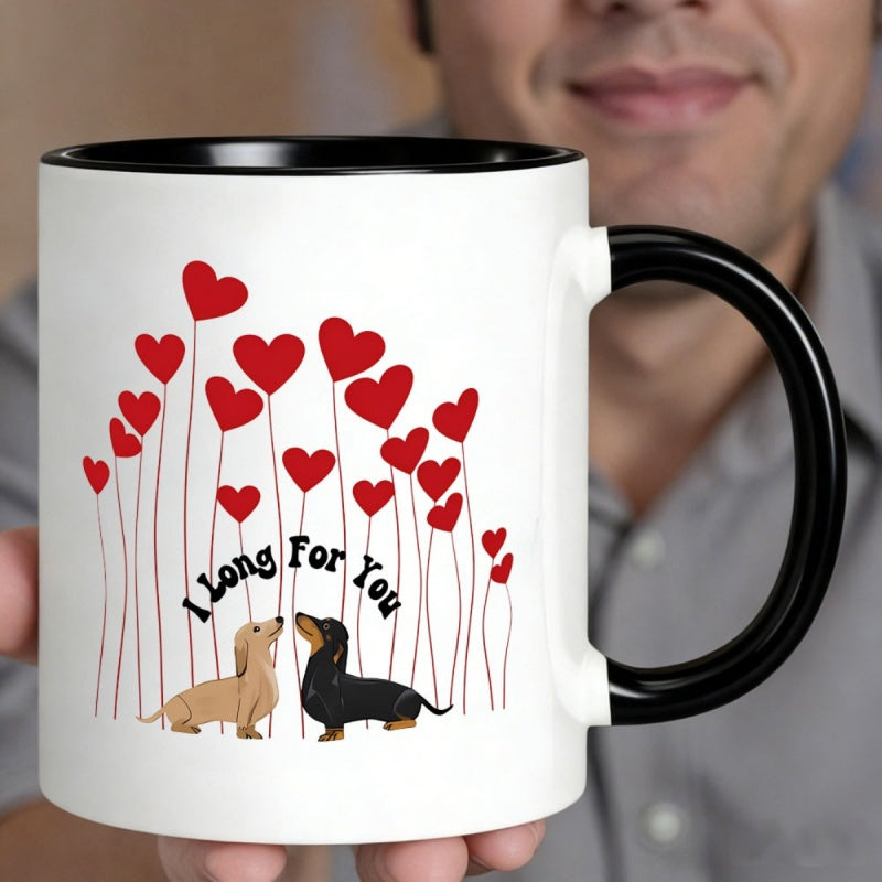 Tailorly Black Accent 11 oz Mug - two dachshunds with red hearts and "i long for you" quote
