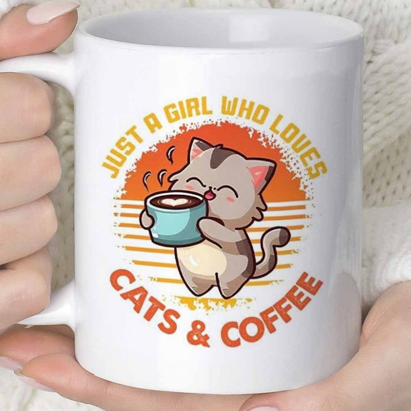 Tailorly White Ceramic 11 oz Mug - Just A Girl Who Loves Cats Coffee Adorable Cartoon Feline Enjoying Warm Beverage Under Sunset Cat