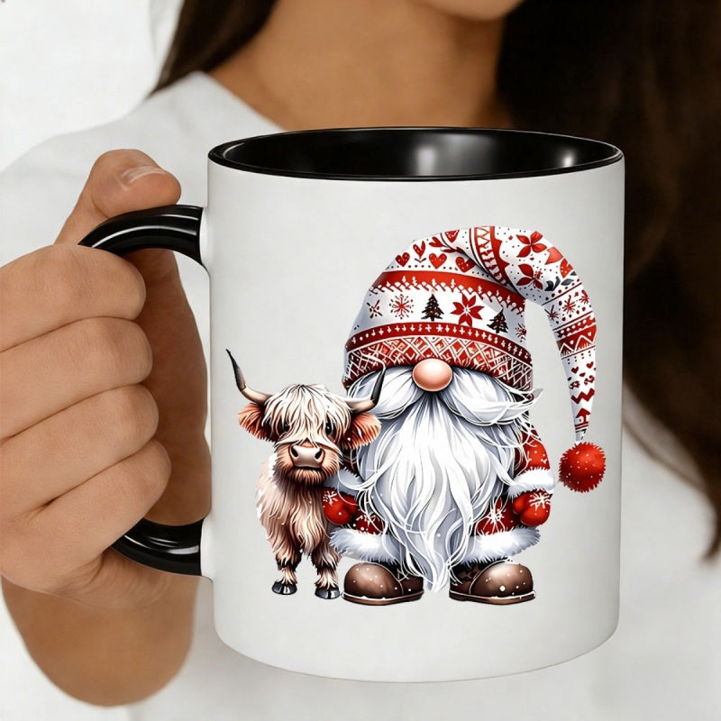 Tailorly Black Accent 11 oz Mug - christmas gnome highland cow with nordic red patterned hat