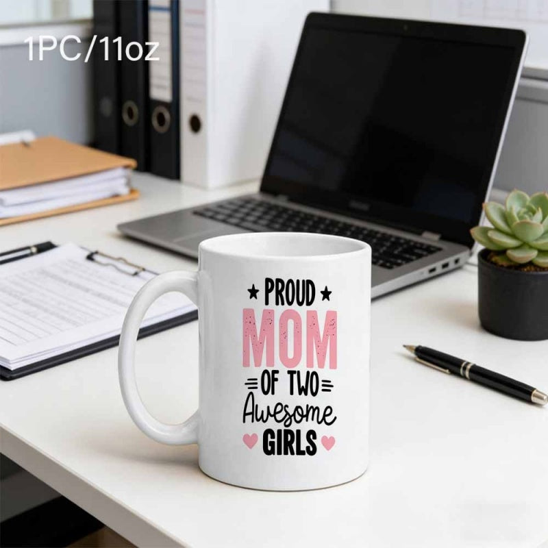 Tailorly White Ceramic 11 oz Mug - Proud Mom Of Two Awesome Girls Minimalist Typography Design With Small Decorative Hearts And Stars Mug