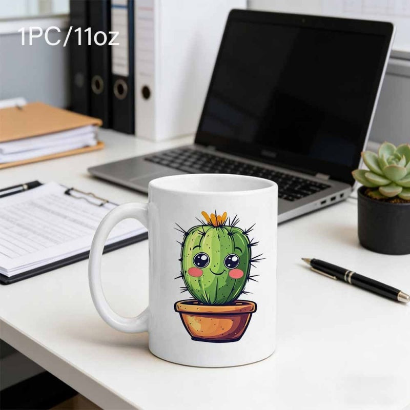 Tailorly White Ceramic 11 oz Mug - Adorable Smiling Cartoon Potted Plant With Blushing Cheeks And Tiny Yellow Flower Cactus