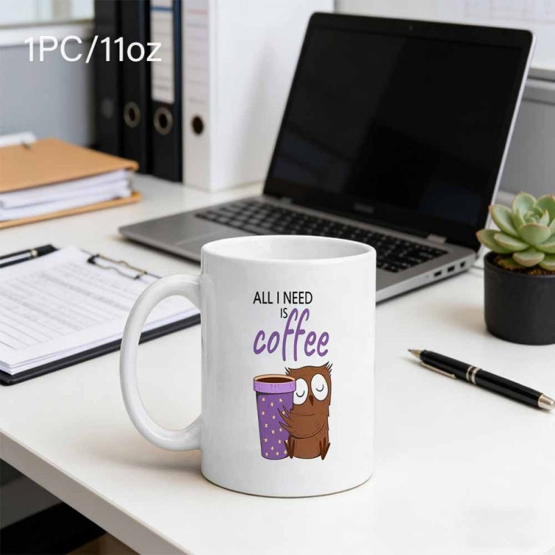 Tailorly White Ceramic 11 oz Mug - All I Need Is Coffee Cute Brown Cartoon Character Hugging Large Purple Spotted Coffee Cup Owl