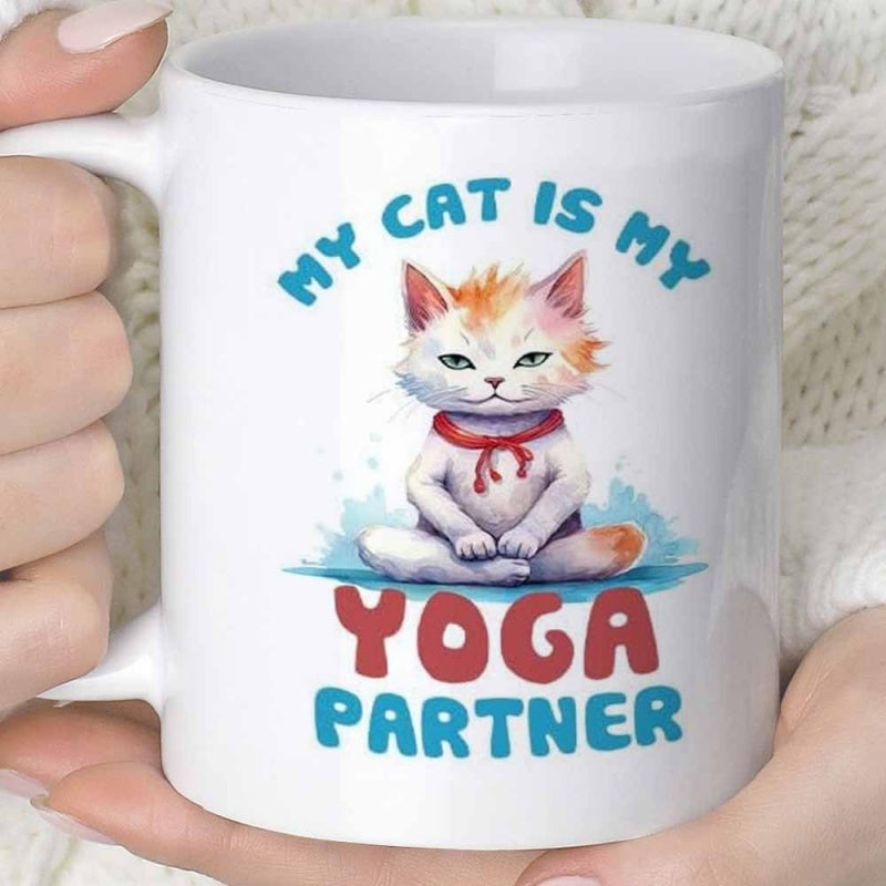 Tailorly White Ceramic 11 oz Mug - My Cat Is My Yoga Partner Serene Watercolor Feline Meditating In Peaceful Zen Yoga Pose Cat