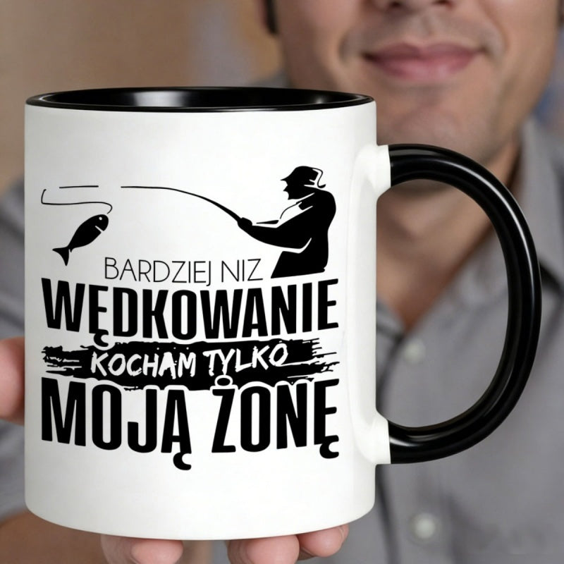 Tailorly Black Accent 11 oz Mug - fishing silhouette with polish text "wdkowanie kocham moj zon"