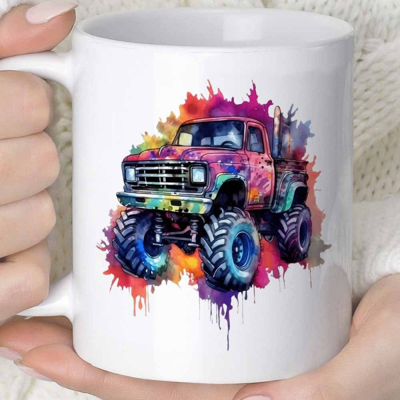 Tailorly White Ceramic 11 oz Mug - Vibrant Multi Color Watercolor Paint Splashes Surrounding A Powerful Rugged Monster Truck