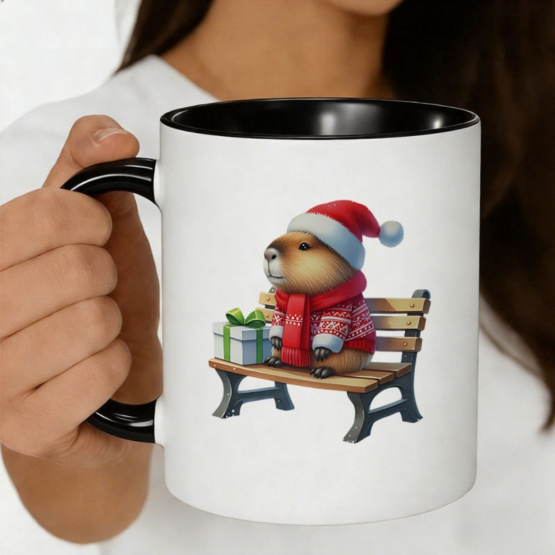 Tailorly Black Accent 11 oz Mug - christmas capybara wearing santa hat and scarf