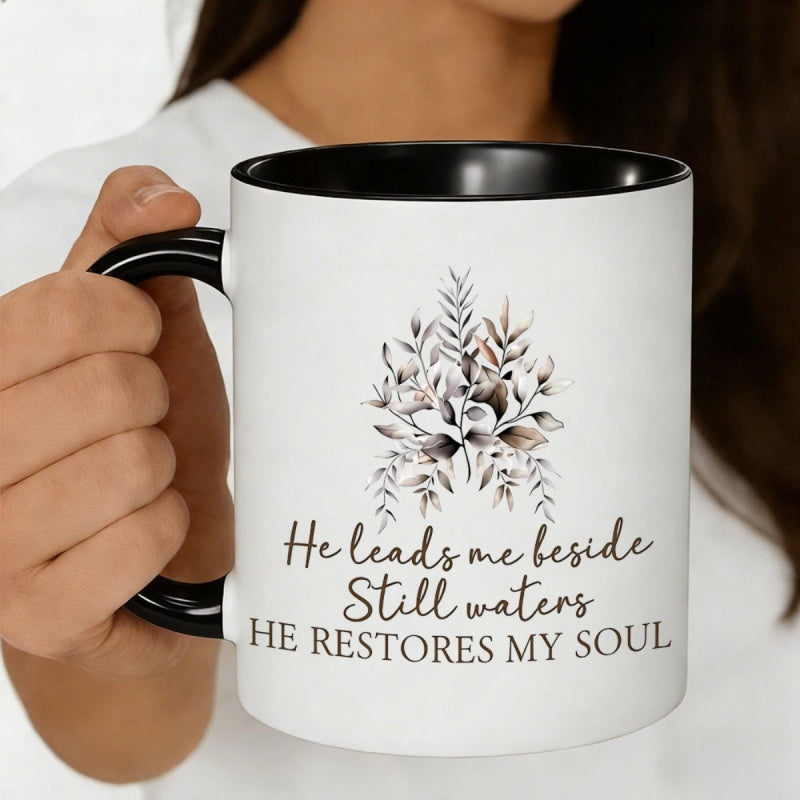 Tailorly Black Accent 11 oz Mug - botanical floral branch with "he leads me he restores" quote