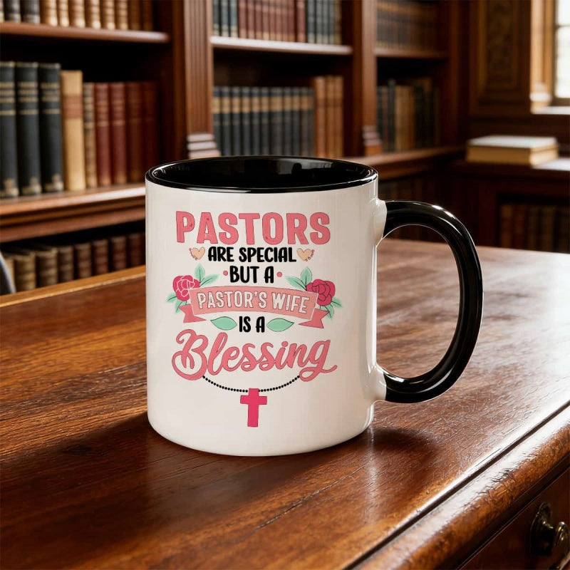 Tailorly Black Accent 11 oz Mug - a pastor illustration with the quote "the pastor is special but wife is a"
