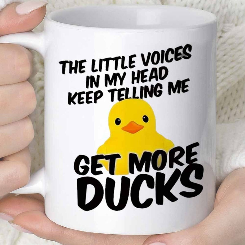 Tailorly White Ceramic 11 oz Mug - The Little Voices In My Head Keep Telling Me Get More Ducks Vibrant Yellow Rubber Duck Design Surrounded By Playful Bold Script