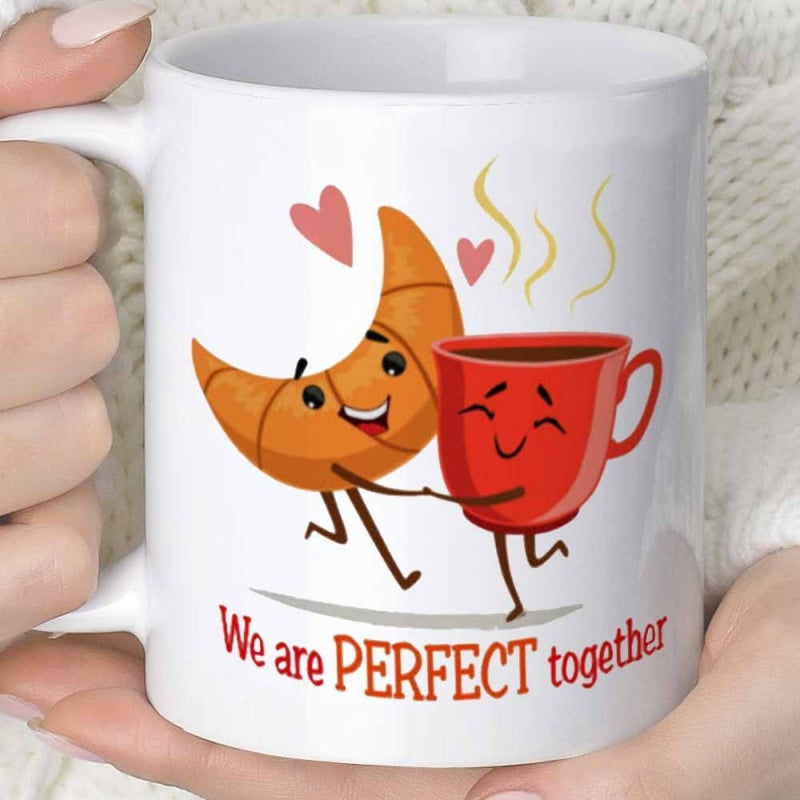 Tailorly White Ceramic 11 oz Mug - We Are Perfect Together Cute Cartoon Croissant And Coffee Cup Holding Hands Among Pink Hearts Mug