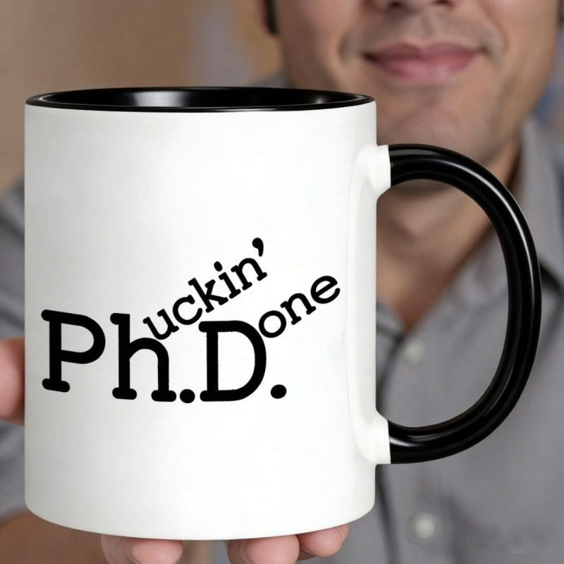 Tailorly Black Accent 11 oz Mug - lettering "chuckin one" and phd themed text